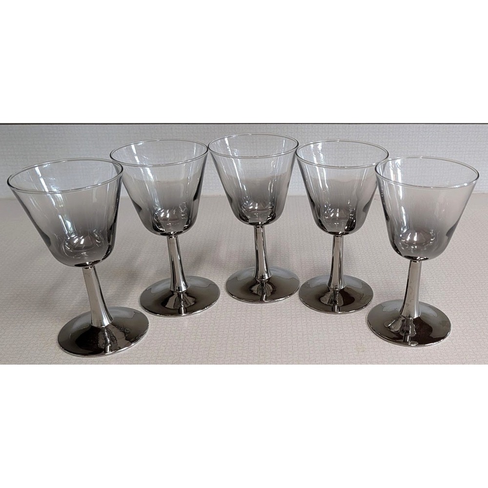 Mid Century Lusterware Silver Mercury Fade Cocktail Wine Glasses 1950s Set of 5